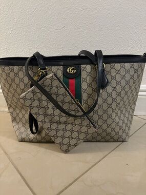 BeigeTote with Black Trim and Green-Red Web